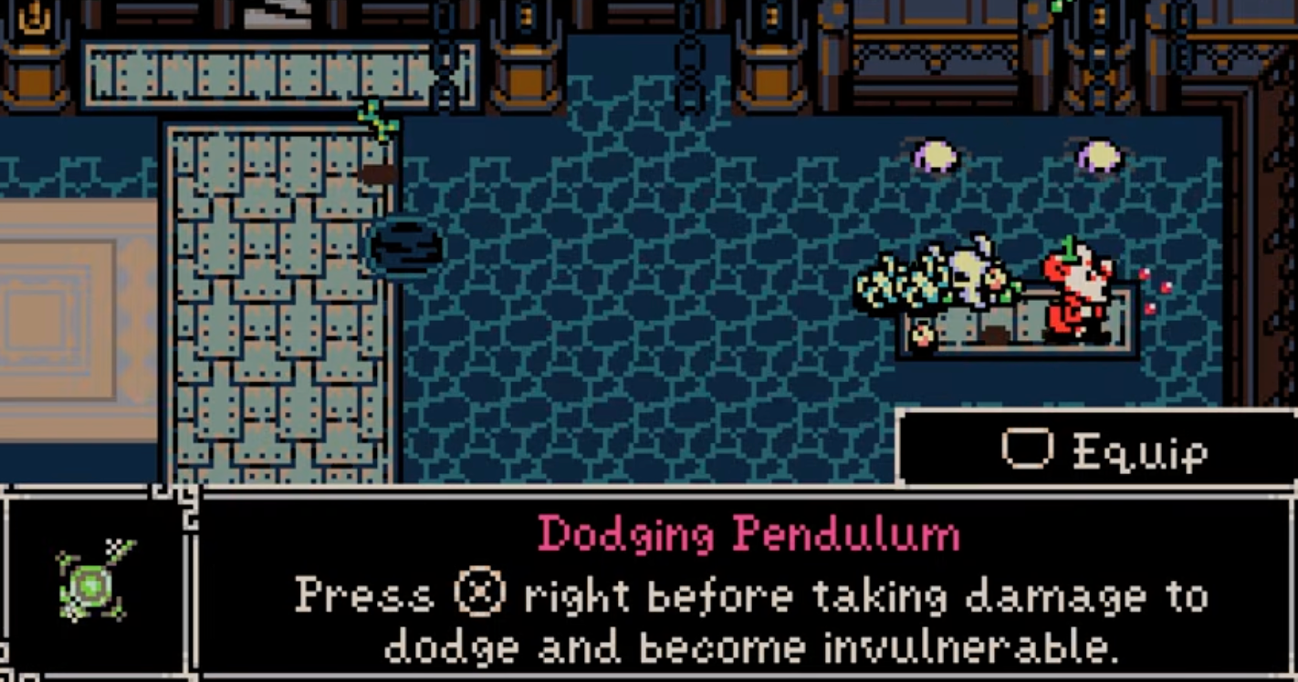 Dodging Pendulum trinket effect screen showing timed dodge and invulnerability in Mina the Hollower