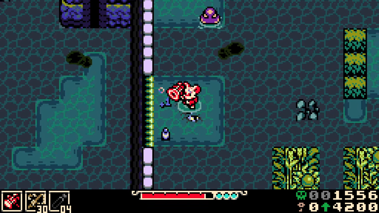 Purple enemy pulling Mina across the Black Waters fishing hole