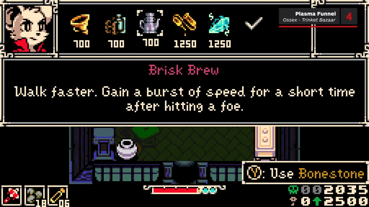 In-game Trinket Bazaar menu showing early Trinket choices in Mina the Hollower